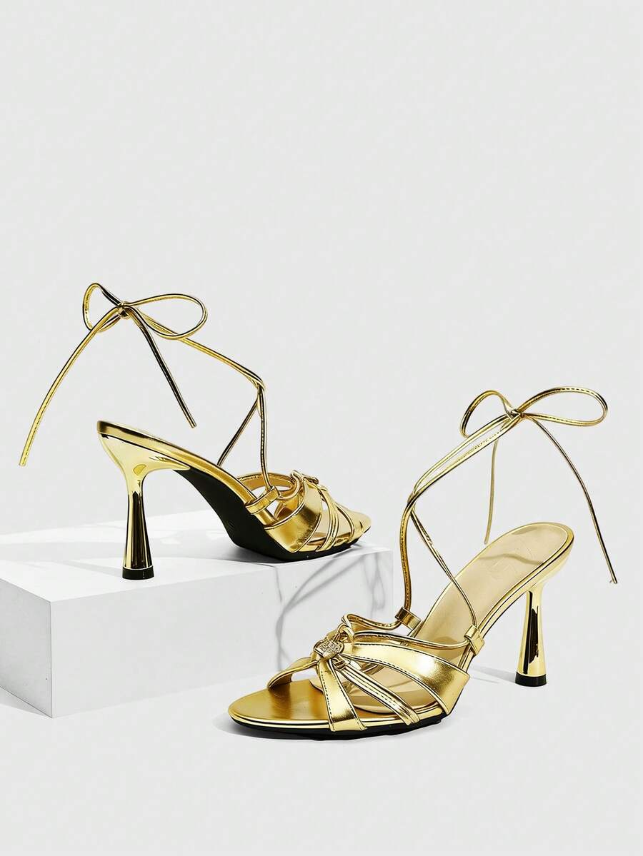 CUCCOO SZL Women's Lace-Up Design Fashion High Heel Sandals For Daily Wear - Gold - View 1