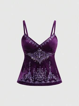 Goth Canotta in velluto ricamata con paillettes vintage da donna