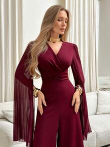 Elenzga Women's Elegant Romantic Precise V-Neck Waist Flared Leg Jumpsuit - Burgundy - View 1