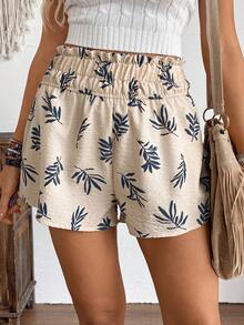 LanaWest Women's Apricot Lace Faux Embroidered Leaf High Waist Ruffle Hem Casual Shorts, Spring/Summer - Apricot - View 6