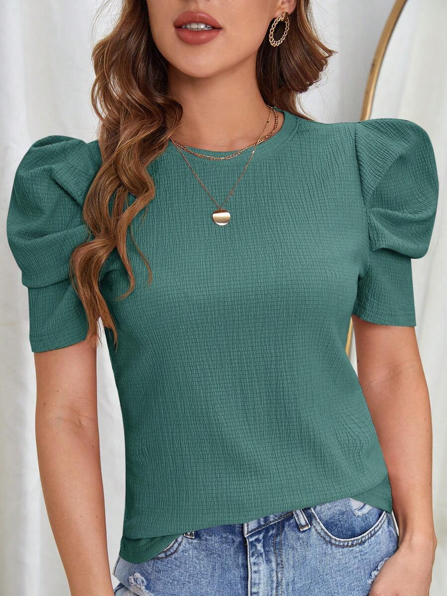 SHEIN Clasi Puff Sleeve Round Neck Tee Red Blouse - Teal Blue - View 1