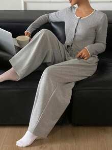 DAZY Women's Knitted Contrast Color Ruffle Trim Pajama Set, Top And Pants - Grey - View 3