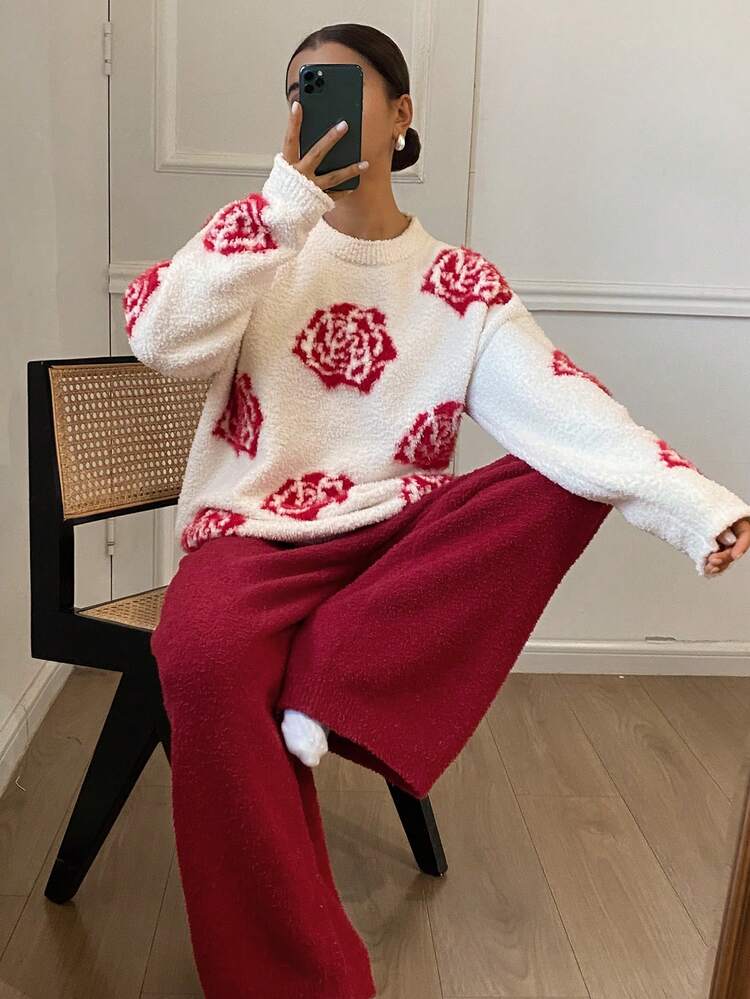2pcs Women's Loose Rose Jacquard Knit Long Sleeve Pajama Set, Winter