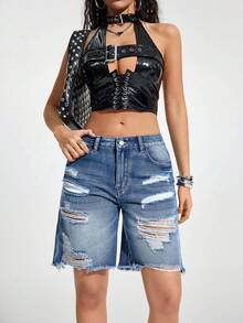 Jeanoix Women's Casual Everyday Commute Fashion Street Ripped Raw Edge Loose Denim Shorts, Summer - Dark Wash - View 7