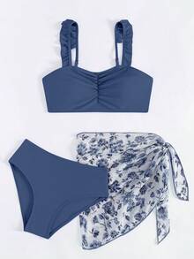 SHEIN 少女三件套比基尼：可爱纯色针织露背上衣，饰有荷叶边，搭配褶皱泳裤和印花罩裙。时尚、优雅、休闲风格，适合夏季游泳、海滩和度假。三件套泳装，保守比基尼套装，带纱笼裙的比基尼套装，三件套泳衣，修身泳装，两件套夏季套装，三件套泳装，三件套泳衣。 - 藏蓝色 - 查看 3