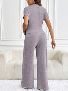 SHEIN Maternity Solid Color Short Sleeve Ribbed T-Shirt And Adjustable Waist Casual Pants Set - Mauve Purple - View 2
