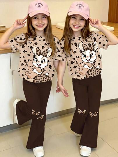 Spring, Summer & Autumn Young Girls Casual Fashion Creative Personalized Fresh Cute Cartoon Leopard, Rabbit, Teddy Bear, Leopard Print, Bow Decor Pattern Print Relaxed T-Shirt & Flared Pants Set, Comfortable Daily Wear, Cozy Summer & Fall Styles Suitable For Spring, Summer, Autumn Kids Girls Clothing Brown Girls Pant Sets Flare Pants Set Kids Brown Tops For Kids