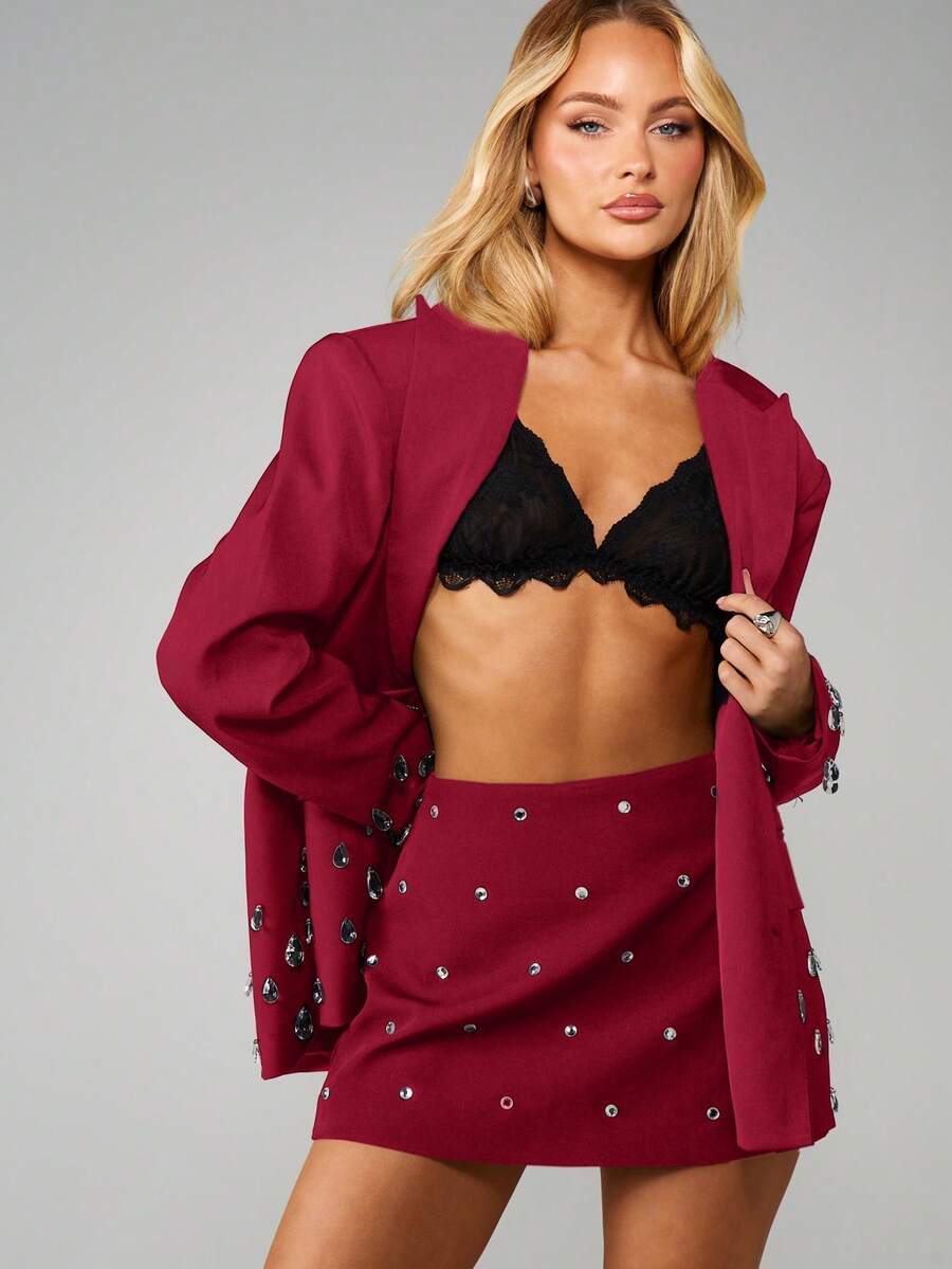 MISSGUIDED Diamante Embellished Mini Skirt High Waisted Bodycon Sparkle Crystal Hotfix Party Club Evening Formal Special Occasion Statement Piece - Burgundy - View 1
