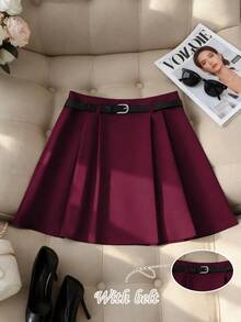 Franclia 返校季休闲A字迷你裙，配腰带，女士秋季半身裙，返校季腰带半身裙，酒红色半身裙，勃艮第酒红色半身裙，可爱半身裙 - 酒紅色 - 查看 1