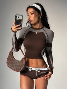 Dewbera Dewbera Women's Contrast Color Round Neck Long Sleeve Sports T-Shirt Brown Gym Top - Brown - View 6