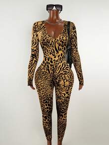 Mistrie 秋季新款复古休闲豹纹性感V领修身长袖连体裤（女款） - 黃色 - 查看 6