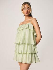 MISSGUIDED Off Shoulder Tiered Ruffle Mini Dress With Spaghetti Straps Layered Flounce Design Summer Vacation Boho Chic Style - Green - View 4