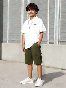 2pcs/Set Tween Boys Polo Shirt & Shorts Set, Casual Summer Outdoor Wear - White - View 1