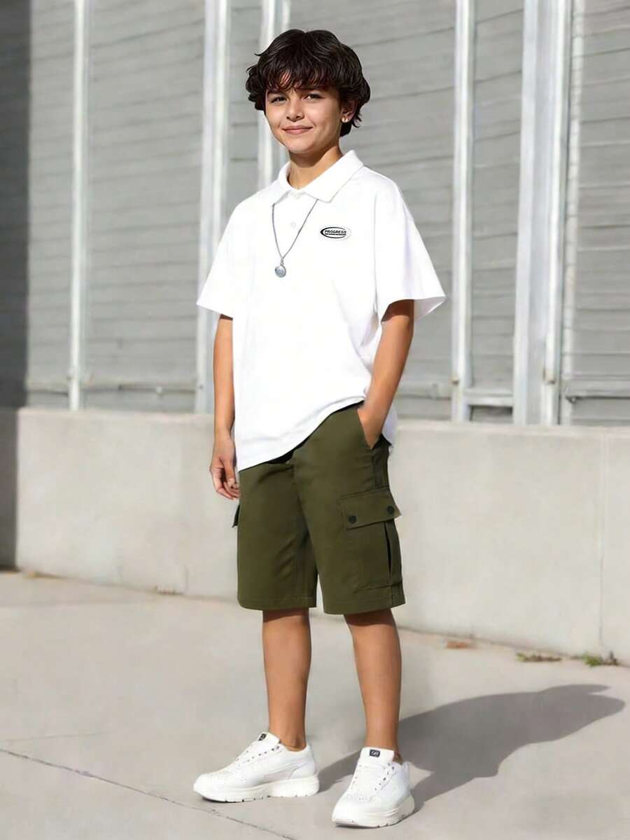 2pcs/Set Tween Boys Polo Shirt & Shorts Set, Casual Summer Outdoor Wear - White - View 1