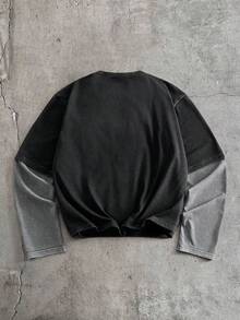 AXEPEAK 男士休闲时尚街头复古美式风格二合一长袖T恤，春秋季 - 黑色 - 查看 2