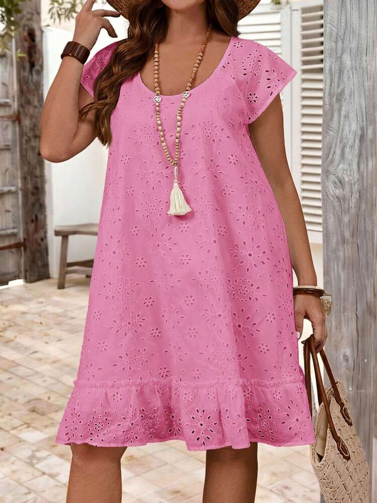 Pink Plus Size Smock Dress For Women Flounce Sleeve Round Neck Ruffle Hem Midi Length