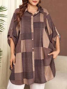 Lacomfia 大码女式休闲格子宽松舒适翻领长袖衬衫 - 彩色 - 查看 1