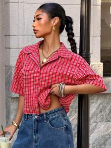 Muchica Women's Red Plaid Letter Embroidered Loose Short Sleeve Shirt - Red - View 3