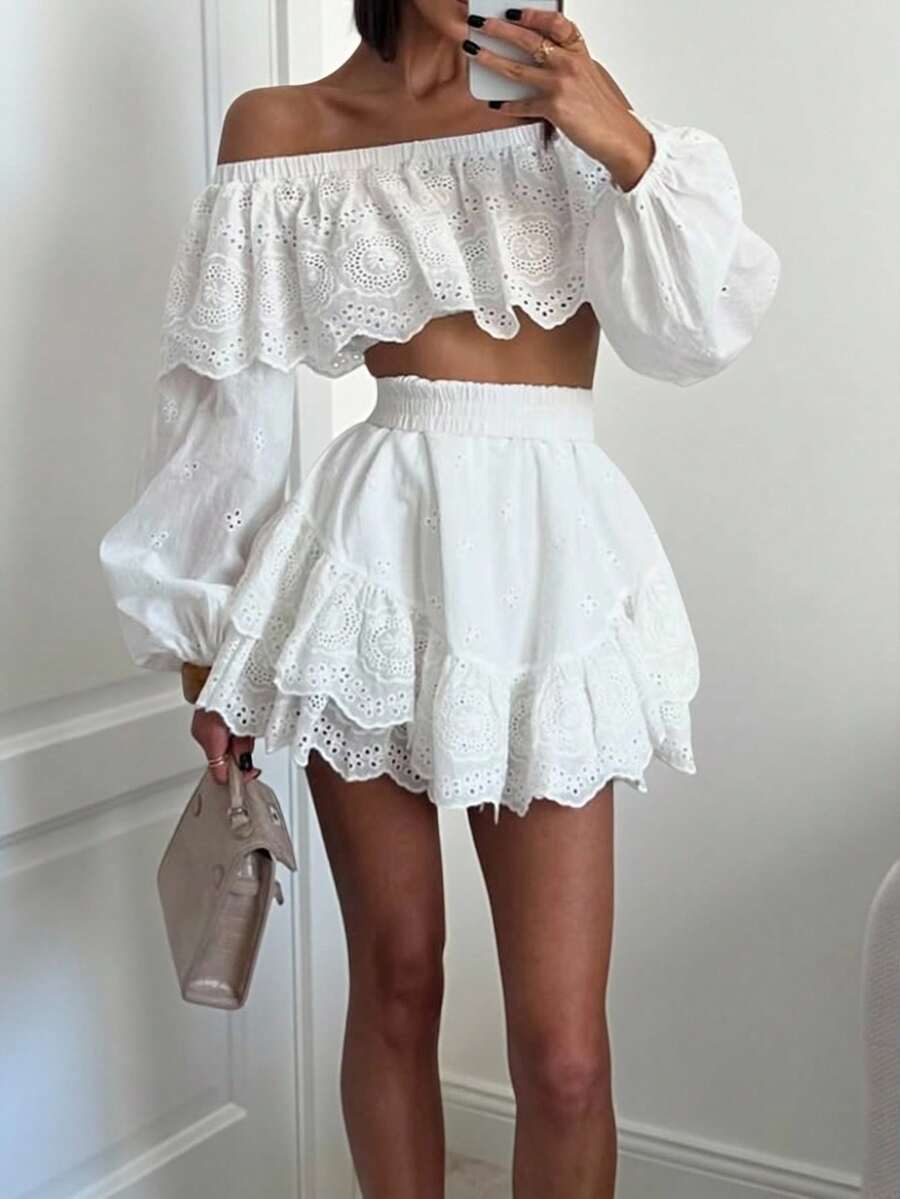 Cévolie Women's Elegant Mesh Embroidered Shoulder Top & Skirt 2 Pieces Set - White - View 1