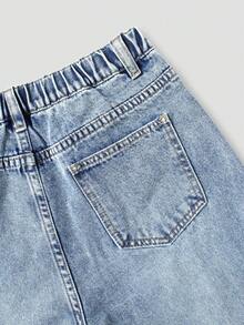 SHEIN ChillGRL 少女时尚雪花水洗做旧爱心刺绣阔腿牛仔裤，四季皆宜 - 中等水洗藍 - 查看 3