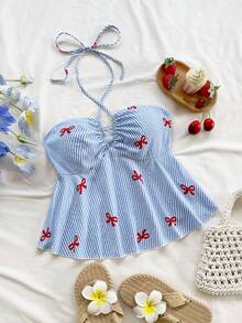 Soleia Women's Vacation Striped Bow Print Front Tie Halter Neck Camisole, Autumn/Winter Undershirt - Multicolor - View 1