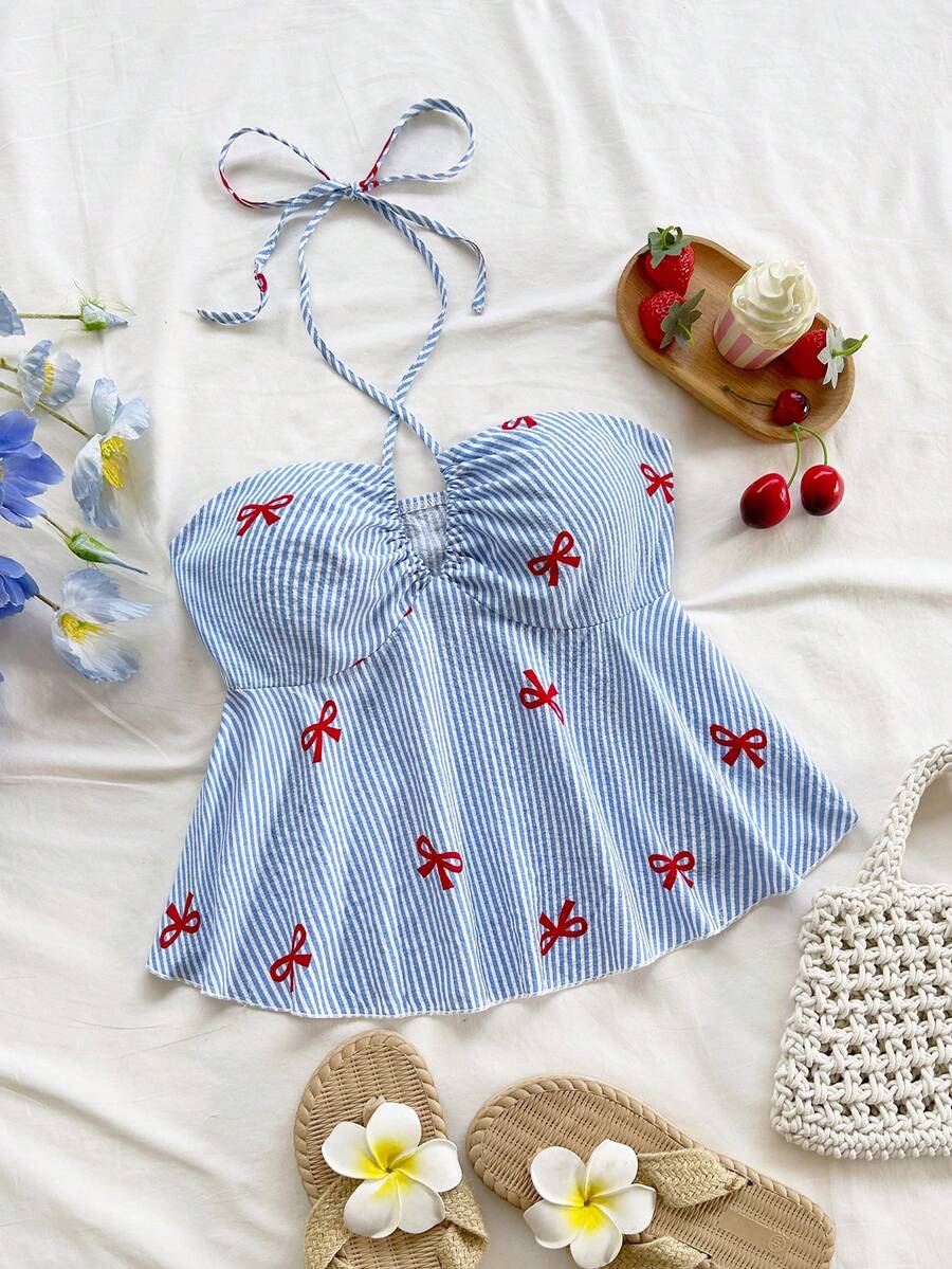 Soleia Women's Vacation Striped Bow Print Front Tie Halter Neck Camisole, Autumn/Winter Undershirt - Multicolor - View 1