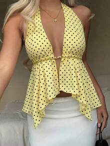 CovetEZ 休闲简约度假风马卡龙色波点印花女士宽松露背不对称下摆紧身吊带背心 - 彩色 - 查看 1