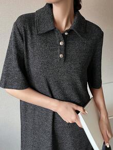 FRIFUL 女士纽扣前开襟休闲短袖连衣裙 - 灰色 - 查看 1