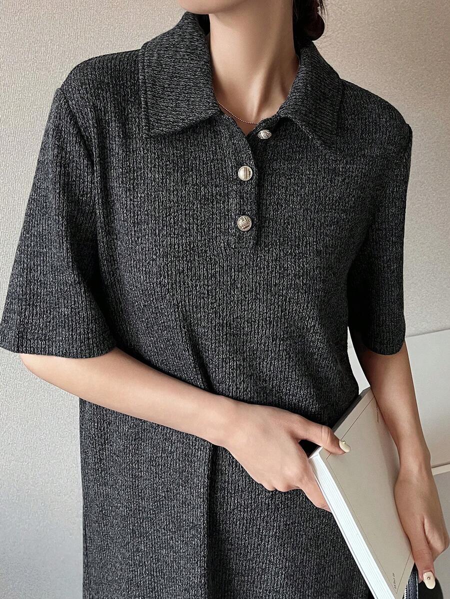 FRIFUL 女士纽扣前开襟休闲短袖连衣裙 - 灰色 - 查看 1