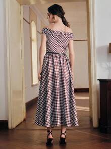 Anewsta Vintage Plaid Print Off Shoulder Cinched Waist A-Line Dress For Women,Collegiate Retro Checkered Summer Dress,Navy And White,Dining Vacation Style - Multicolor - View 5