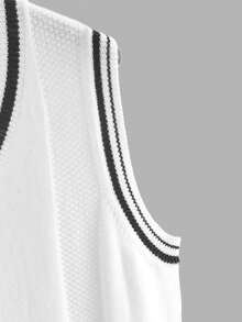 EASEVO Plus Size Men's V-Neck Contrast Stripe Casual Knit Vest - Black and White - View 4