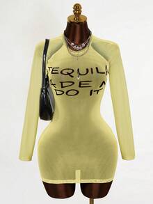 Mistrie Ladies' New Sexy Semi-Transparent Printed Long-Sleeved Dress, Net-Silk Printed, YK2 Cool Girl Style. - Yellow - View 1