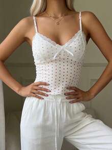 CovetEZ Áo hai dây nữ cổ chữ V, dây đeo điều chỉnh được, họa tiết trái tim trang trí ren, ôm sát, cúp ngực cố định chống xê dịch, thích hợp cho mùa hè. - Nhiều màu - Xem 3