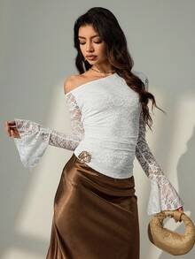 Bluhae Elegant Fashionable Sexy Elegant Women's Fitted Asymmetric Ruched 3D Floral Decor Button Oblique Shoulder Autumn/Winter Ruched Hollow Lace Long Sleeve T-Shirt, Lace Randomly Cut