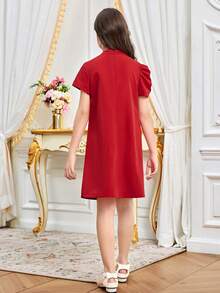SHEIN Tween Girl Spring/Summer Casual Elegant One-Piece Beaded Bow Stand Collar Puff Short Sleeve Straight Dress Red Tween Girl - Red - View 5