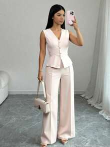 Teen Girl's Spring/Summer Elegant Commute School Formal Open-Front Sleeveless Suit Top + Loose Straight-Leg Trousers Woven Solid Color Suit