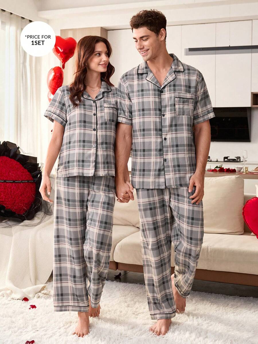 SHEIN Plaid Print Lapel Collar Men's Loungewear Set - Multicolor - View 1
