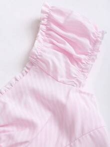 Sweetra Women's New Stylish Pink Striped Puff Sleeve Frill Trim Fitted Blouse, Spring/Summer, Suitable For Dates And Casual Outings - Baby Pink - View 5