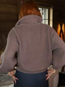 Gretanique Half Zip Drop Shoulder Grain Sweater,Long Sleeve Tops,Knitted Sweater In Fall/Winter Brown - Brown - View 2