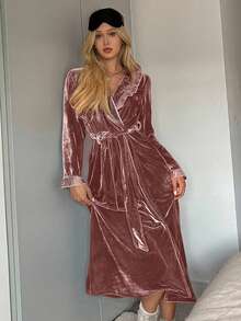 DAZY Women's Long Velvet Lace Trim Robe Loungewear Jacket, Autumn/Winter - Pink - View 3