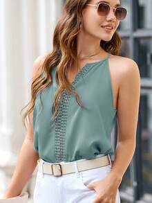SHEIN Clasi Top de tirantes verde con parches de encaje guipur - verde menta - Ver 3