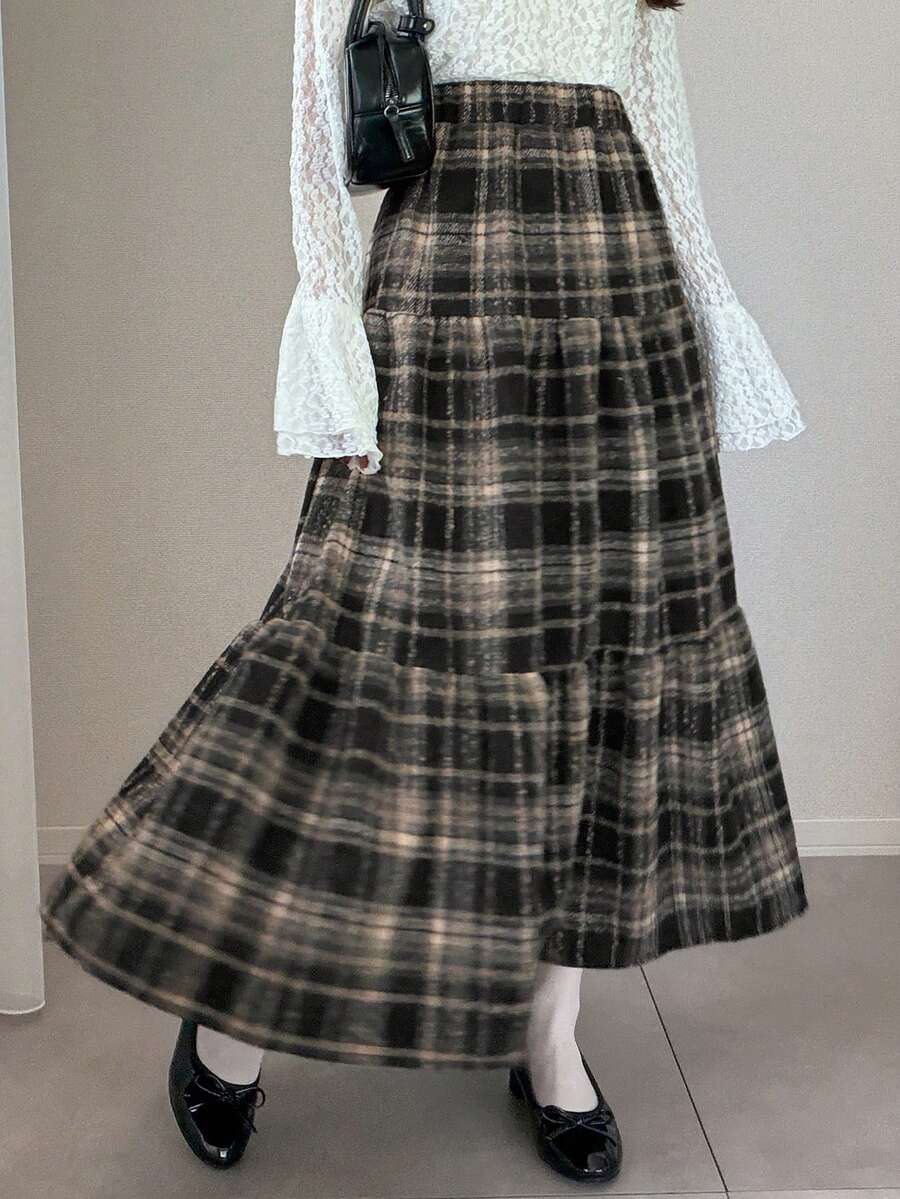 FRIFUL 女士格子印花荷叶边下摆优雅A字裙 - 棕色 - 查看 1