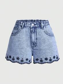 少女夏季休闲做旧口袋镂空刺绣牛仔短裤 - 中等水洗藍 - 查看 2