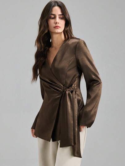 Ontre 2026 New Spring/Summer Women's Woven Fabric Tie-Up Design Asymmetric Loose Fit Brown Blazer Jacket, Suitable For Valentine's Day, Wedding Season, Independence Day, Urban Chic, Minimalist Fashion For Commuting