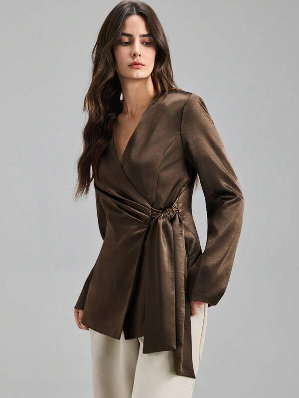 Ontre 2026 New Spring/Summer Women's Woven Fabric Tie-Up Design Asymmetric Loose Fit Brown Blazer Jacket, Suitable For Valentine's Day, Wedding Season, Independence Day, Urban Chic, Minimalist Fashion For Commuting