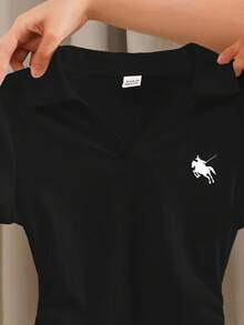 Tween Girl Classic Knight Logo Print Fitted Side Ruched Short Sleeve Cropped T-Shirt - Black - View 3