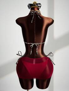 Zestiva 女士泳装套装，时尚性感豹纹荷叶边拼接比基尼，露背系带网纱裙，适合海滩、度假、休闲场合，热销泳装三件套，含裙式泳衣，适合女士泳装，三件套，伊比沙岛派对装扮，哈瓦那之夜装扮 - 紅色 - 查看 2