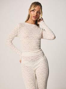 MISSGUIDED Long Sleeve Lace Co Ord Set Fitted Top And Leggings Matching Outfit Fall Winter Evening - White - View 3