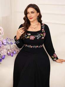 Modelyn Black Square Neck Long Sleeve Cinched Waist Dress / Vintage Floral Embroidery Elegant Commuter Plus Size Dress - Black - View 6