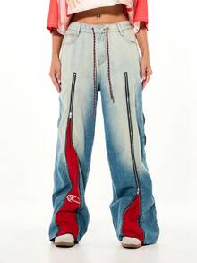 SUMWON WOMEN Denim Wide Leg Jeans With Red Zip Panels And Contrast Stitching High Rise Drawstring Closure Fashion Statement Piece